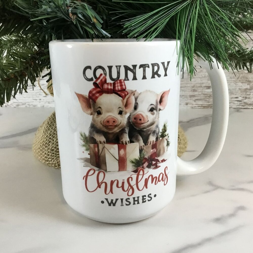 Pig Country Christmas Wishes Ceramic Mug - 15 oz Coffee Cup